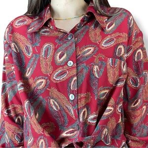 Vintage 90s‎ Blouse Women Plus Size 22W Peacock Feather Print Unique Maximalist